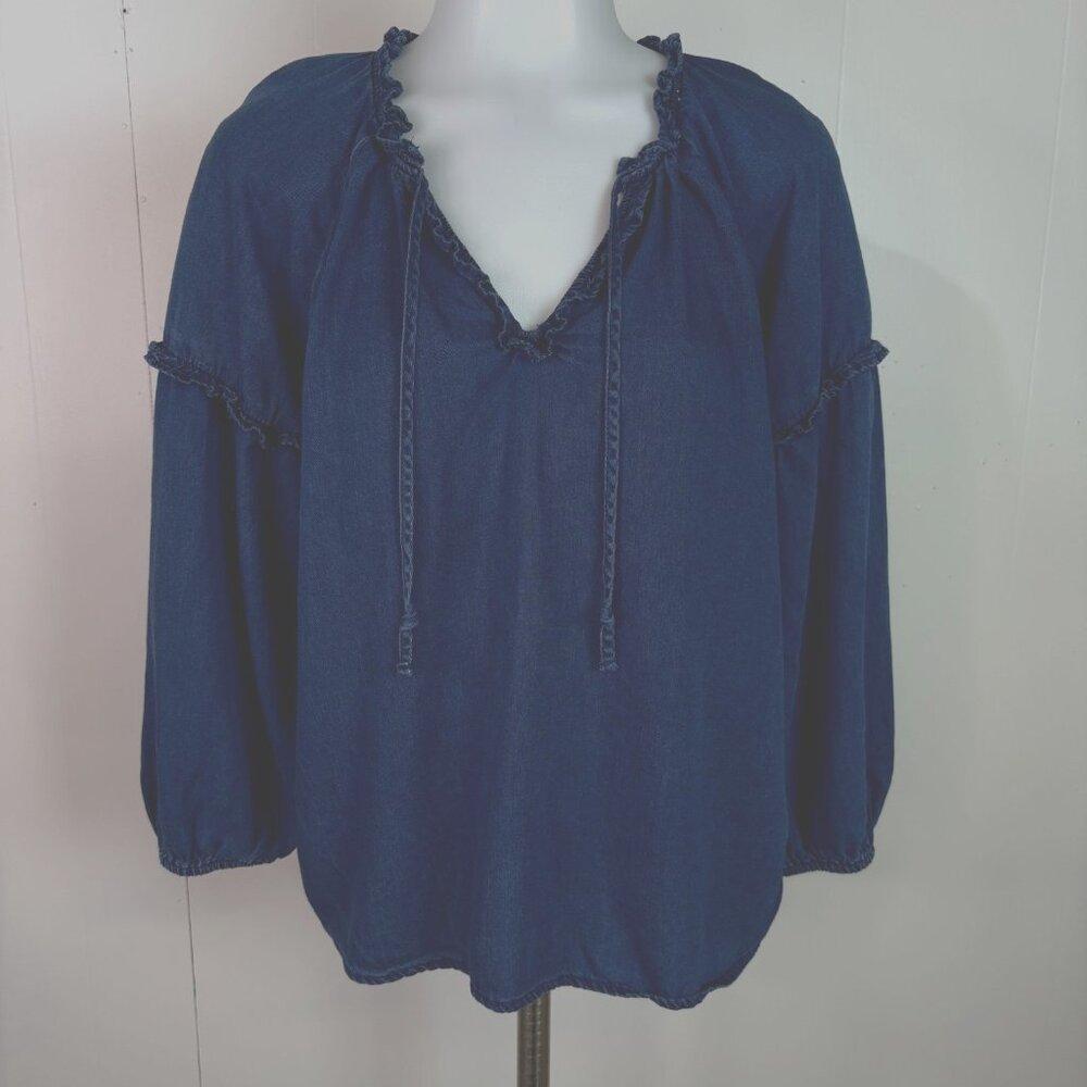 Old Navy Top XS Blue Chambray Tie-Neck Ruffle Long Sleeve Blouse Women's Lyocell